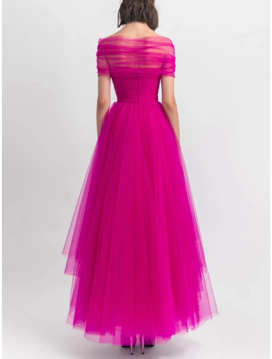 A-Line Evening Gown Party Dress Puffy Dress Formal Fall Ankle Length Short Sleeve Off Shoulder Tulle with Pleats Ruched 2025